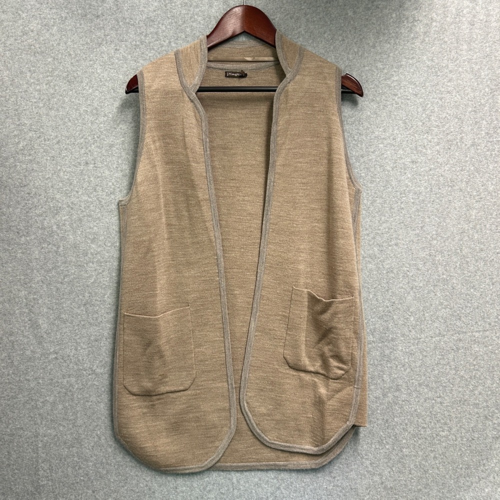 J.McLaughlin Vest Topper Tan Gray Wool Open Front Long Knit Pockets Womens Small